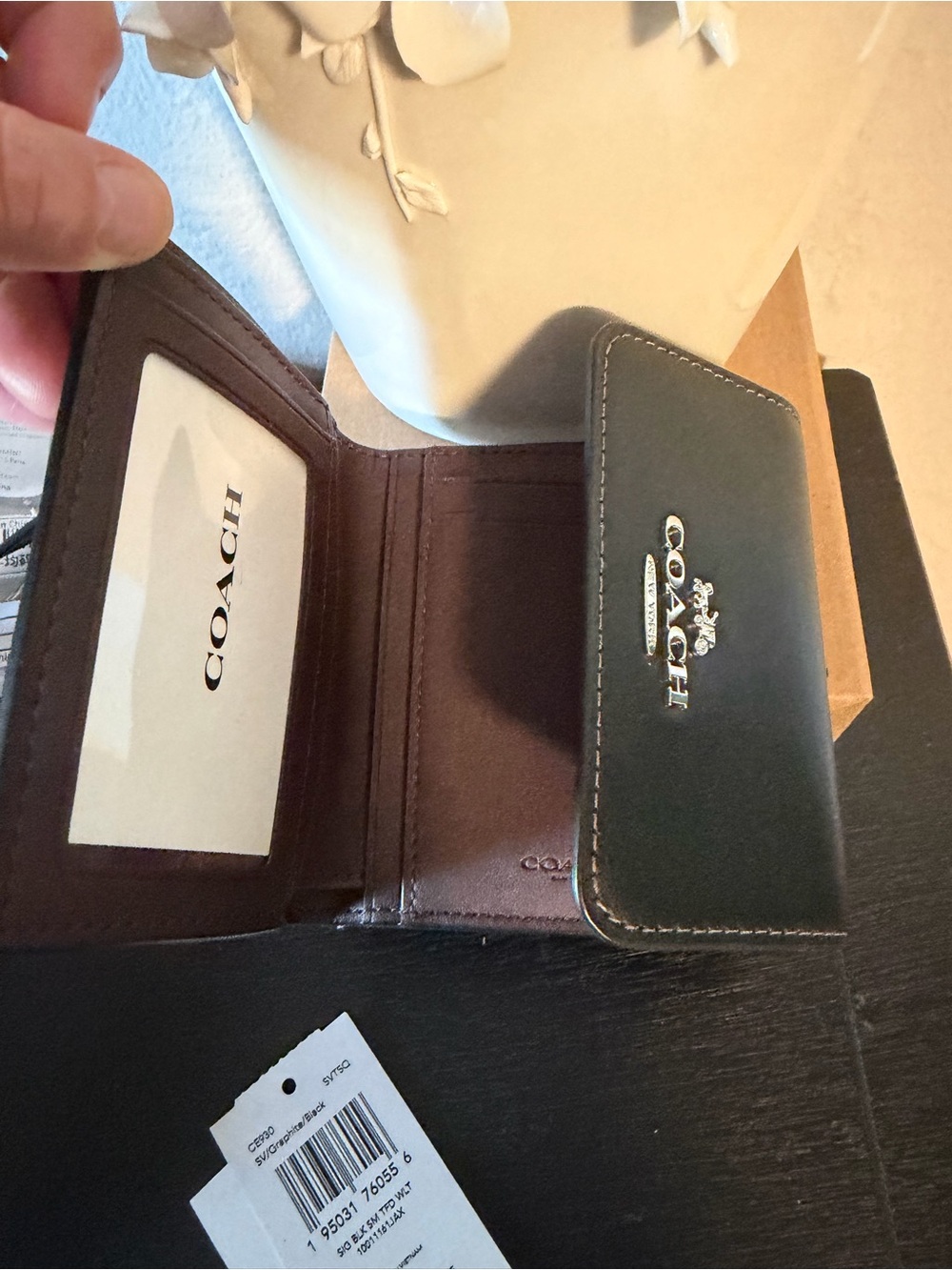 NWT Coach Black Signature Trifold Wallet with Silver Logo - Picture 10 of 12